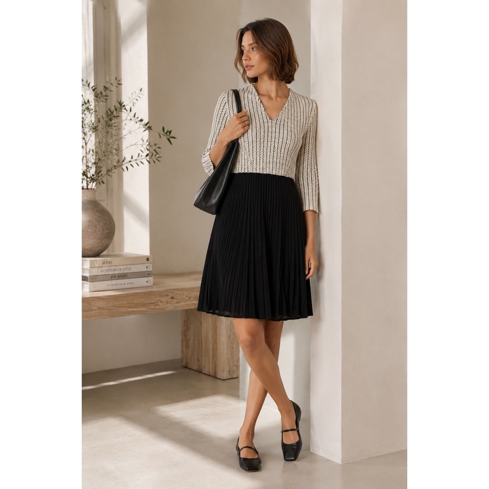 Ganni Jaquard Jersey Dress Women M Pleated Chevron V-Neck Anhropologie